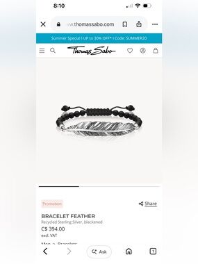 Thomas Sabo Obsidian Silver Feather Bracelet